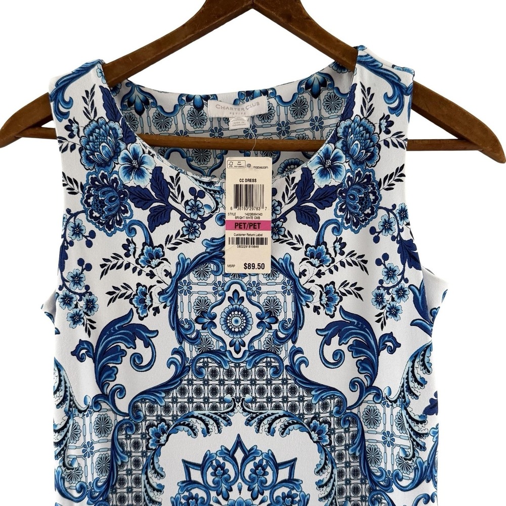 Charter Club Dress Womens Petite P2XS Blue Tile Floral Sleeveless Sheath Stretch